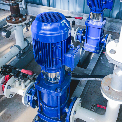 Close-up of blue DESMI vertical multistage pumps used as balance-of-plant pumps, connected to white process piping and valves in an industrial facility.