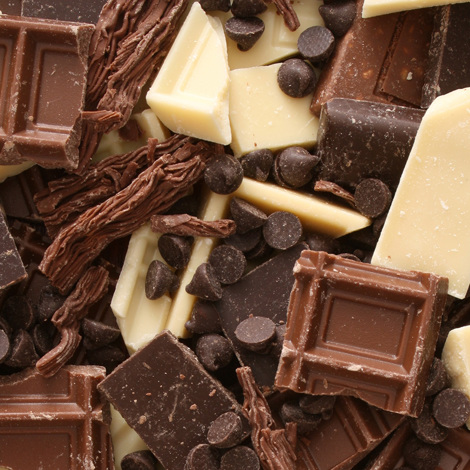 Assorted white, milk, and dark chocolate pieces with chocolate chips in a pile.