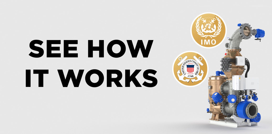 Marine pump system with "See How It Works" text and IMO, US Coast Guard logos.