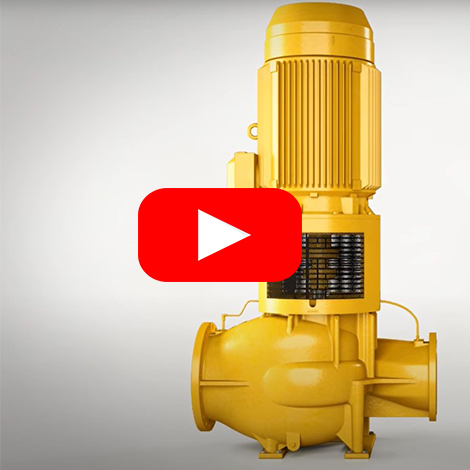 Yellow DESMI vertical centrifugal pump for fluid handling, with a play button overlay.