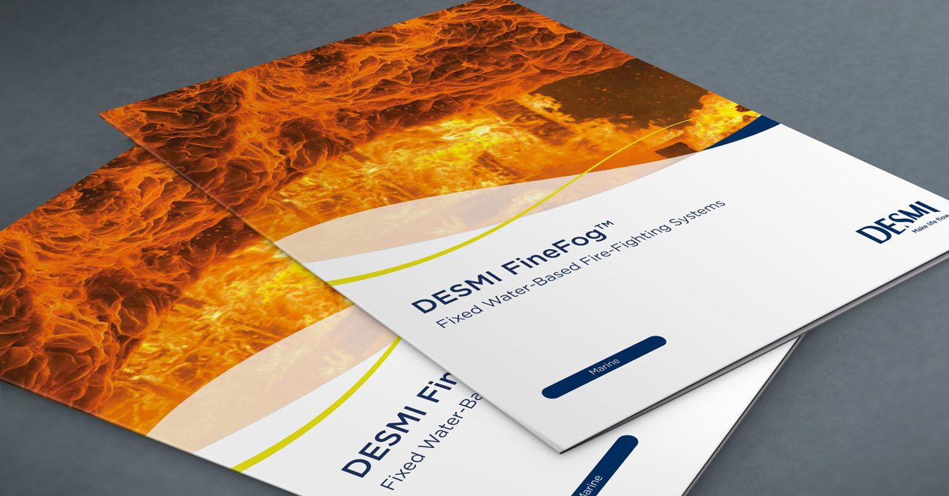 Brochures for DESMI FineFog water-based firefighting systems with fiery background.