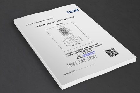 DESMI in-line centrifugal pump manual with technical illustration and contact information.