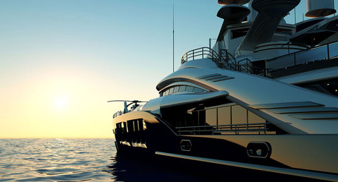 Luxury yacht sailing at sunset over calm ocean waters.